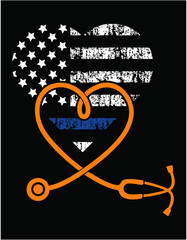 American Flag Heart with Police Thin Blue Line Nurse - printable editable vector art file.