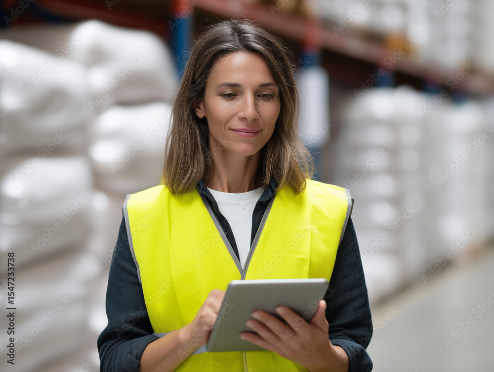 Poster warehouse manager wearing yellow safety vest using digital tablet to check inventory in storage faci