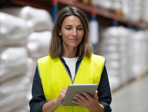 Warehouse manager wearing yellow safety vest using digital tablet to check inventory in storage facility