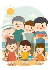 夏のビーチで団らんする家族のかわいいイラスト、Happy Family Vacation at the Seaside – Summer Holiday Concept