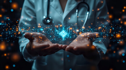 Medical professional in white coat holding glowing digital network visualization with blue and orange particles floating in dark background.