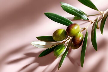 Obraz premium Fresh green olives and leaves on olive branch against pink background with natural shadow overlay, Mediterranean cuisine and harvest concept.