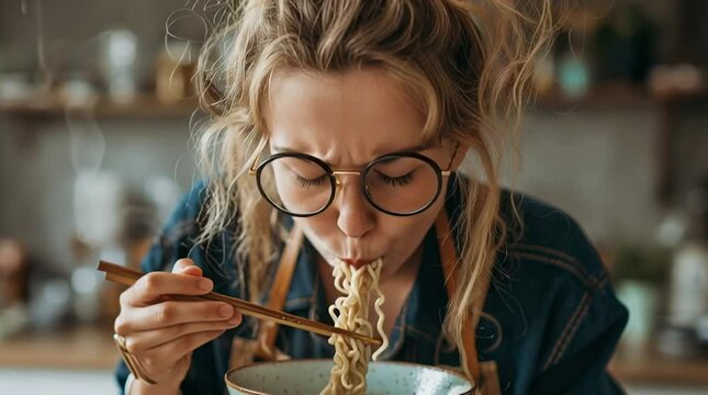 Young woman smiling happily enjoying a bowl of noodles in a cozy kitchen kitchen with unfinished concrete walls and wooden shelves full of kitchenware