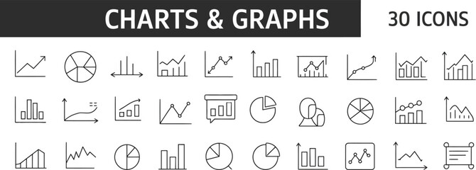 Collection of thirty charts and graphs icons in line style