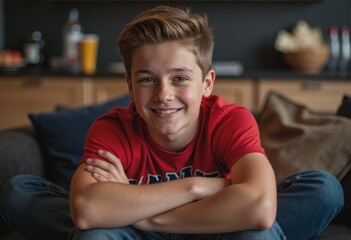 Fototapeta premium Young basketball fan wearing a team shirt, relaxing on the couch