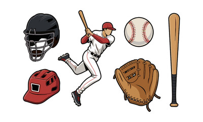Modern vector illustration titled Baseball Collection featuring five key elements, a baseball player  protective catcher's helmet, a classic stitched baseball, a leather glove, easily editable.