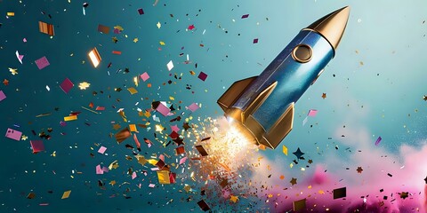 Retro rocket ship blasting off through colorful confetti explosion against turquoise sky background, creating dynamic motion effect with sparkles and flying paper pieces.