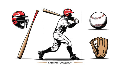 Modern vector illustration titled Baseball Collection featuring five key elements, a baseball player  protective catcher's helmet, a classic stitched baseball, a leather glove, easily editable.