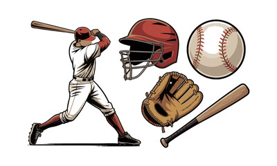 Modern vector illustration titled Baseball Collection featuring five key elements, a baseball player  protective catcher's helmet, a classic stitched baseball, a leather glove, easily editable.