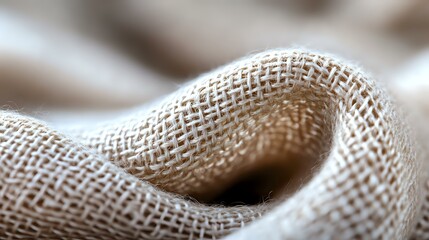 Fototapeta premium Natural linen fabric close up macro shot showing textile weave pattern and texture in beige and white tones for background design.