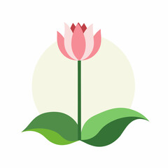 Pink tulip flower illustration with green leaves on a light background  