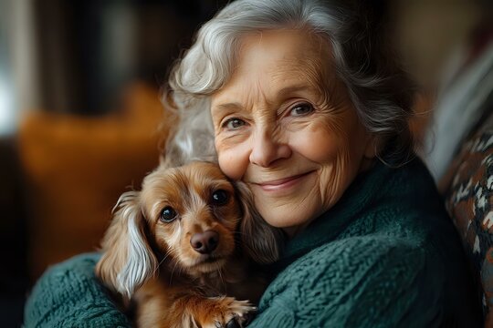 Senior woman with silver hair wearing green knitted sweater embracing small brown dachshund dog, sharing tender moment together in warm atmospheric lighting. - Powered by Adobe