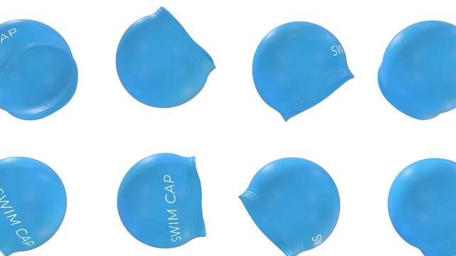 Swimming Caps Falling on a Light Blue Background. Silicone Swim Caps 3D. 4K