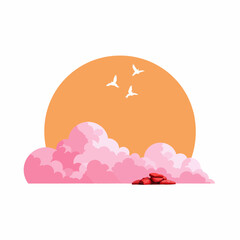 Fototapeta premium Sunset with pink clouds and birds flying in the orange sky 