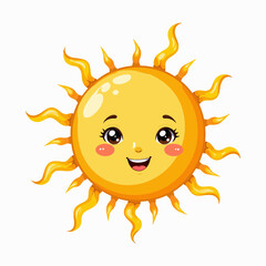 Smiling sun character with cute face and bright rays of sunshine  