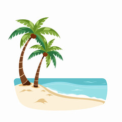 Obraz premium Tropical beach scene with two palm trees and ocean waves 