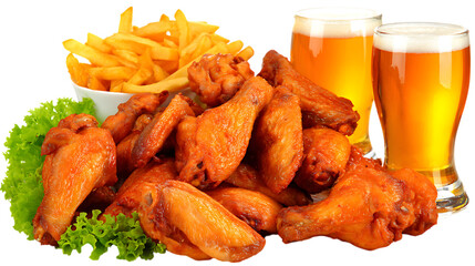 Crispy fried chicken wings with french fries and beer isolated on transparent background