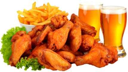 Crispy fried chicken wings with french fries and beer isolated on transparent background
