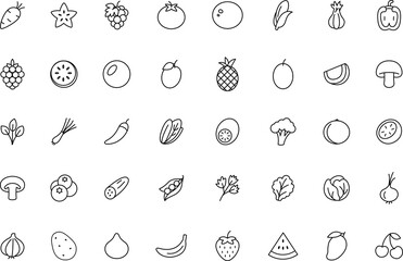 Fruits vegetables and berries line icon set. banana, orange, strawberry, pineapple, blueberry, raspberry, lime, carrots, beetroot, mushrooms, peppers, cucumber pictograms Hand Drawn collection
