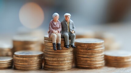 Elderly couple miniature figures sitting on stacked coins, representing retirement savings, pension funds, and financial security in senior years.