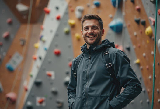 Smiling climber in harness at an indoor climbing wall