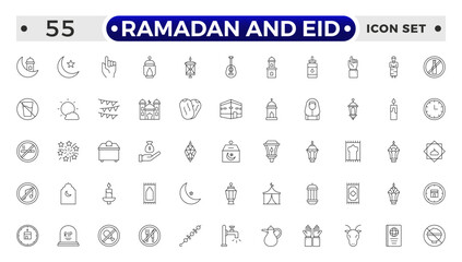 Ramadan and Eid Outline Icon Set &ndash; Religious Symbols, Islamic, Worship, and Traditions.