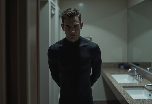 Surfer in a wetsuit standing by a bathroom mirror, reflecting confidence