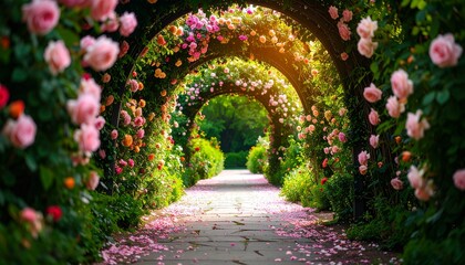 Fototapeta premium omantic Rose-Covered Archway Path in Blooming Garden