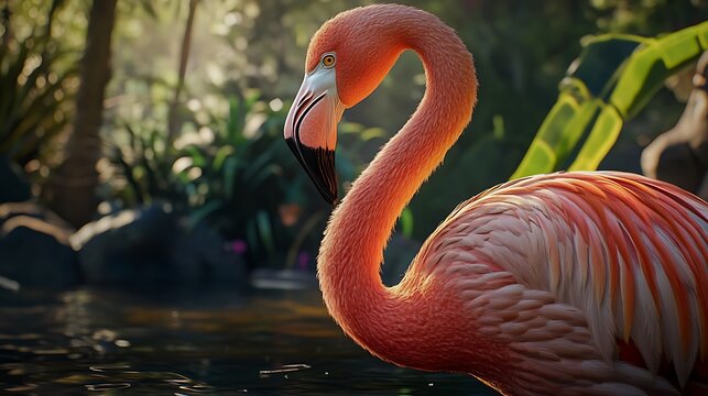 Vivid pink flamingo surrounded by soft foliage high resolution picture