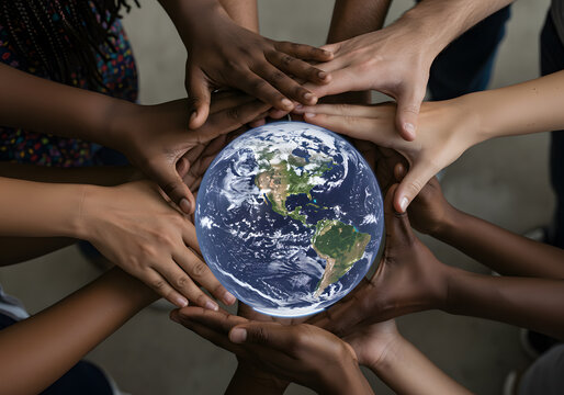 Hands holding earth globe unity
