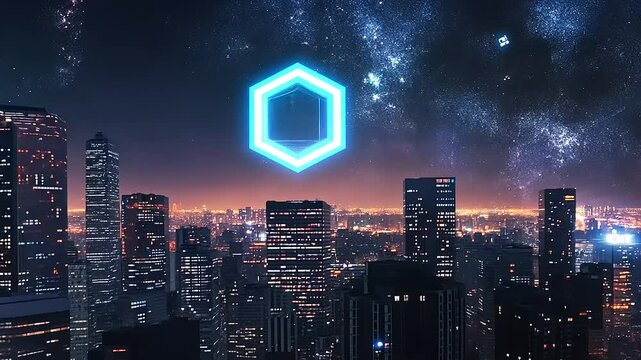 Futuristic city skyline at night with a glowing hexagonal shape against a starry sky backdrop