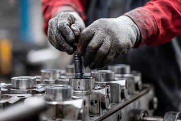 Hands assembling hydraulic valve components in a workshop setting