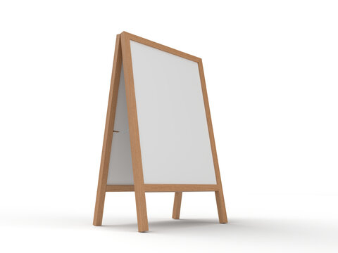3D Realistic floor wood standing folding sandwich board mockup. Blank portable vertical info placard sign holder stand for welcome sign, greeting, banner, ads, showcase, sidewalk or caution sign