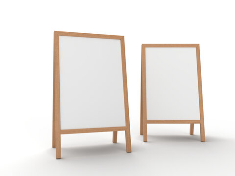 3D Realistic floor wood standing folding sandwich board mockup. Blank portable vertical info placard sign holder stand for welcome sign, greeting, banner, ads, showcase, sidewalk or caution sign