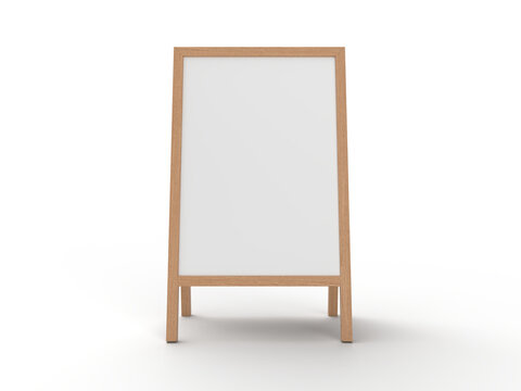 3D Realistic floor wood standing folding sandwich board mockup. Blank portable vertical info placard sign holder stand for welcome sign, greeting, banner, ads, showcase, sidewalk or caution sign
