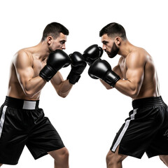 Two Muscular Boxers Facing Off in Black Gloves and Shorts on White