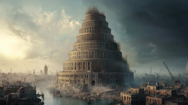Photorealistic depiction tracking the Tower of Babel rising above a ruined city, evoking a sense of ambition and chaos. Inspired by the Biblical story of Genesis 11:1-9.