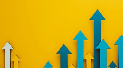 Upward pointing arrows in blue, yellow and white colors on vibrant yellow background showing growth, success and positive business dynamics. Minimal style composition.