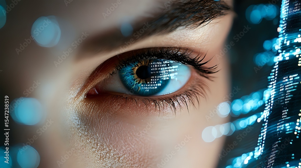 Poster close-up view of blue eye with digital code reflection and bokeh lights, representing artificial int