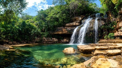 Fototapeta premium Tranquil waterfall adventure lush forest nature photography serene environment aerial perspective refreshing escape