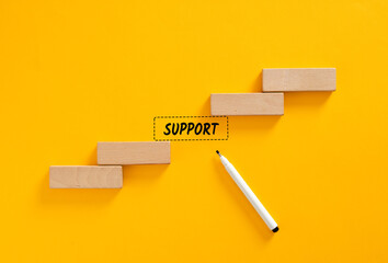 Wooden Blocks Forming Stairs Leading to Support Sign on Yellow Background