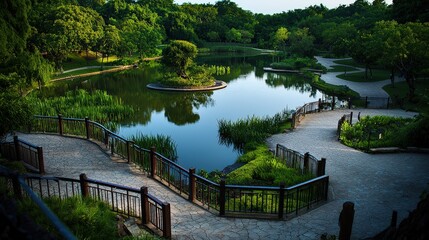 Fototapeta premium Scenic serenity tranquil park landscape vibrant nature lush green environment aerial viewpoint peaceful reflection concept