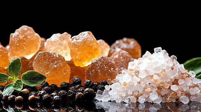 Aromatic black peppercorns with pink salt crystals and amber honey drops on dark background, garnished with fresh mint leaves, macro food photography.