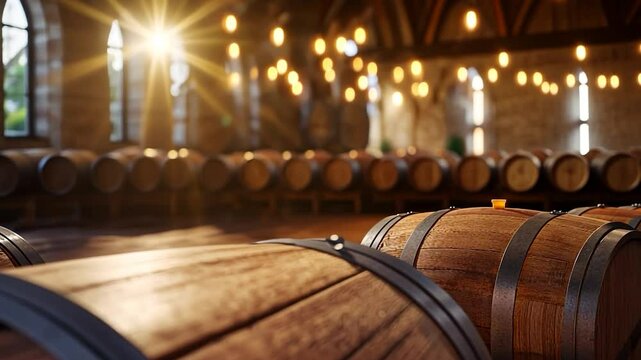 Vintage wooden barrels inside old cellar for aging wine or spirits in traditional storage facility with sunlight