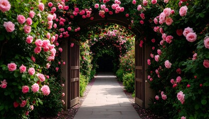 Fototapeta premium omantic Rose-Covered Archway Path in Blooming Garden