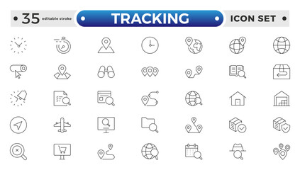 Tracking related icons set. Including logistics, warehouse, delivery, transport, inventory, freight, distribution, and Supply chain. Editable stroke outline icon.
