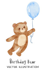 Cute bear flying with blue balloon. Watercolor vector perfect for nursery, birthday party, print for invitation card, poster template