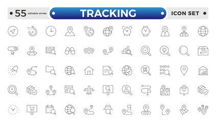 Tracking related icons set. Including logistics, warehouse, delivery, transport, inventory, freight, distribution, and Supply chain. Editable stroke outline icon.
