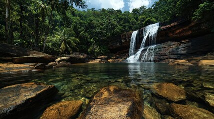 Majestic waterfall cascades tropical forest nature photography serene environment ground level view tranquility concept