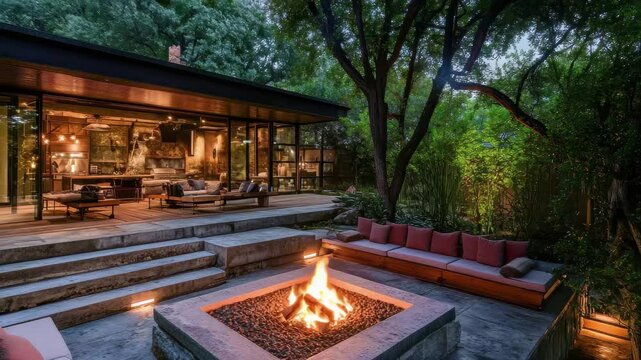 Cozy outdoor living area with a fire pit, modern design, and lush surroundings in the evening light